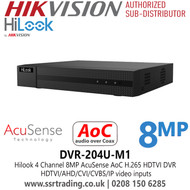 HiLook 4 Channel AoC TVI 8MP DVR, HDTVI/AHD/CVI/CVBS/IP Video Inputs - DVR-204U-M1