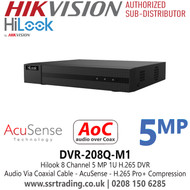 HiLook DVR-208Q-M1 8CH AcuSense TVI 5MP DVR, Audio Via Coaxial Cable, HDTVI/AHD/CVI/CVBS/IP Video Inputs