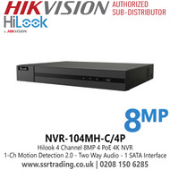  HiLook NVR-104MH-C/4P 4Ch 4K 4 PoE NVR, 1 SATA Interface, H.265+/H.265/H.264+/H.264 Video Formats, 4-Ch IP Camera Inputs
