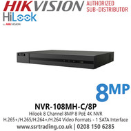 NVR-108MH-C/8P HiLook 8Channel 8 PoE 4K NVR, H.265+/H.265/H.264+/H.264 Video Formats