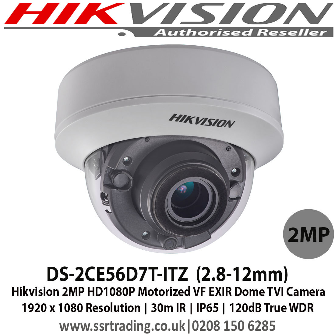 Hikvision 2MP 2.812mm Motorised Varifocal Lens EXIR Dome TVI CameraDS
