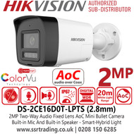 DS-2CE16D0T-LPTS - Hikvision 2MP Two Way Audio AoC Mini Bullet Camera with 2.8mm Fixed Lens, 20m White Light Range, 25m IR Range, IP67 Water and Dust Resistant 