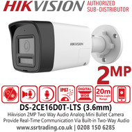 DS-2CE16D0T-LTS (3.6mm) Hikvision 2MP Two-Way Audio Fixed Lens Analog Mini Bullet Camera with 3.6mm Lens, 20m White Light Range, 30m IR Range, IP67 Water and Dust Resistant 
