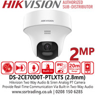 Hikvision DS-2CE70D0T-PTLXTS 2MP Two Way Audio & Siren Fixed PT Camera wtih 2.8mm Fixed Lens - Active Strobe Light and Audio Alarm