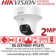 Hikvision DS-2CE70D0T-PTLXTS 2MP Two Way Audio & Siren Fixed PT Camera wtih 2.8mm Fixed Lens - Active Strobe Light and Audio Alarm - Up to 25 m IR Distance For Bright Night Imaging - Built-in Mic, and Built-in Speaker