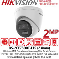 Hikvision DS-2CE78D0T-LTS (2.8mm) 2MP Two Way Audio Analog Turret Camera with 2.8mm Fixed Lens - 40m White Light Range - IP67 Water and Dust Resistant