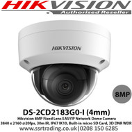 Hikvision DS-2CD2183G0-I 8MP 4mm Fixed Lens 30m IR 4K IP67 IK10 WDR EasyIP Network Dome Camera Built-in micro SD/SDHC/SDXC card slot, up to 128 GB 