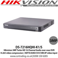 Hikvision DS-7216HQHI-K1/S 16 Channel 3MP Turbo HD  1 SATA Audio Over Coax DVR