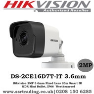 Hikvision 2MP 3.6mm Fixed Lens 20m Smart IR  WDR Mini Bullet, IP66  Weatherproof - DS-2CE16D7T-IT