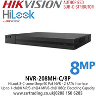HiLook - 8Ch 1U 8 PoE 4K NVR - NVR-208MH-C/8P