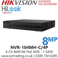 HiLook NVR-104MH-C/4P 4 Channel Mini 1U 4 PoE 4K NVR, H.265+/H.265/H.264+/H.264 Video Formats 