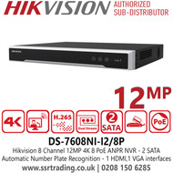 Hikvision DS-7608NI-I2/8P 12MP 8 Channel 8 POE Port NVR with 2 SATA Interface, HDMI Video output at up to 4K (3840 × 2160) resolution