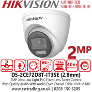 DS-2CE72D8T-IT3SE (2.8mm) Hikvision 2MP Audio Ultra Low Light PoC Turret Camera with 2.8mm Fixed Lens - Ultra Low Light - Wide Dynamic Range (WDR) - Night Vision - Built-in Microphone - IP67 Water and Dust Resistant 