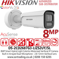 Hikvision 4K DS-2CD2687G3-LIZS2UY/SL Smart Hybrid Light with ColorVu Bullet IP PoE 8MP Camera with 2.8-12 mm Motorized Varifocal Lens - Built-in Dual Microphones - Water and Dust Resistant (IP67) and Vandal Resistant (IK10)