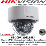 Hikvision DS-2CD7126G0/L-IZS 2MP 2.8 to 12 mm motor-driven lens Dome Network Camera, H.265, H.265+, H.264, H.264+, 140 dB WDR, IR range up to 30 m,  Alarm I/O, Audio I/O, RS-485 - Queue detection DeepinView Series Camera