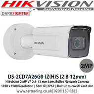 Hikvision DS-2CD7A26G0-IZ(H)S 2MP 2.8-12 mm varifocal Lens Bullet Network Camera , 920 x 1080 Resolution, 50m IR, IP67, Built-in micro SD card slot, DeepinView Series Camera