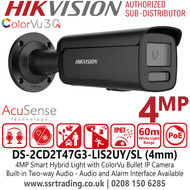 Hikvision DS-2CD2T47G3-LIS2UY/SL/Black (4mm) 4MP Smart Hybrid Light Bullet IP PoE Bullet Camera with Built-in Dual Microphones - 60m White Light Range - IP67 Water and Dust Resistant - Active Strobe Light and Audio Alarm 
