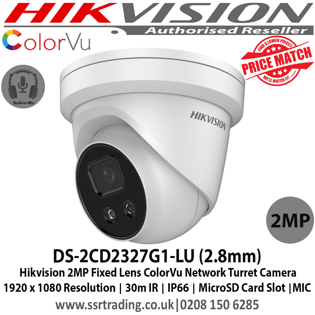 Hikvision Hikvision DS-2CD2327G1-LU 2MP ColorVu Fixed Turret Network Camera CCTV 2.8mm 