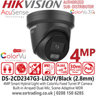 Hikvision 4MP Smart Hybrid Light with ColorVu Turret IP Camera with 2.8mm Fixed Lens - Scene-adaptive WDR - Built-in Arrayed Dual-Microphone - Anti-corrosion Design - Water and Dust Resistant (IP67) - DS-2CD2347G3-LI2UY/Black (2.8mm)