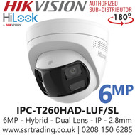 HiLook 6MP Dual Lens Stitched Wide Angle Smart Hybrid Light Turret IP PoE Camera with 2.8mm Lens - IPC-T260HAD-LUF/SL (2.8mm)