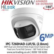 HiLook IPC-T260HAD-LUF/SL (2.8mm) 6MP Dual Lens Stitched Wide Angle Smart Hybrid Light Turret IP PoE Camera with 2.8mm Lens