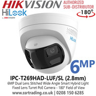 HiLook IPC-T269HAD-LUF/SL (2.8mm) 6MP Dual Lens Stitched Wide Angle Smart Hybrid Light Turret IP PoE Camera with 2.8mm Lens