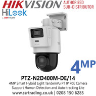 PTZ-N2D400M-DE/14 HiLook 4MP Smart Hybrid Light TandemVu PT IP PoE Camera with Focal Length [Panoramic channel] 2.8mm, [PTZ channel] 8mm - Support Human Detection and Auto-tracking Lite