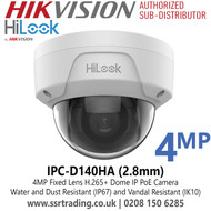 HiLook IPC-D140HA (2.8mm) 4MP Dome Network PoE Camera – IP67, IK10, PoE, Human & Vehicle Detection 
