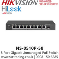 HiLook 8 Port Gigabit Unmanaged PoE Switch – 58W Budget, 6KV Surge Protection, Metal Housing - NS-0510P-58