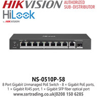 NS-0510P-58 HiLook 8Port Gigabit Unmanaged PoE Switch – 58W Budget, 6KV Surge Protection, Metal Housing