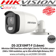 Hikvision Camera 5MP 3.6mm fixed lens up to 20m white light distance IP67 WDR 24 hour color image ColorVu TVI/AHD/CVI/CVBS Bullet Camera DS-2CE10HFT-F (4th)