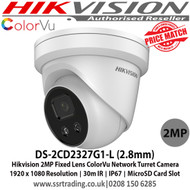 Hikvision ColorVu Camera 2MP 2.8mm Fixed Lens 30m IR IP67 Built-in micro SD/SDHC/SDXC slot, up to 128G  ColorVu Network IP Turret Camera - DS-2CD2327G1-L (2nd)