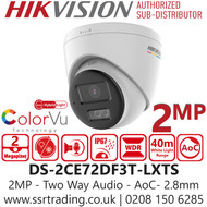 Hikvision 2MP Smart Hybrid Light with ColorVu AoC Turret TVI Camera with Built in mic - Two - way talk - 40m White Light Range - IP67 Water and Dust Resistant - DS-2CE72DF3T-LXTS (2.8mm)