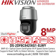 DS-2DF8C842IXG1-ELWY Hikvision 8MP (4K) IP PoE PTZ (Pan-Tilt-Zoom) Camera Featuring 42x optical zoom, advanced DarkFighter low-light performance, and a long 500m IR range for expansive night vision 