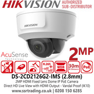 Hikvision DS-2CD2126G2-IMS 2MP (1920 x 1080) Dome IP PoE Camera with AcuSense Technology, Efficient H.265+ Compression, A Fixed 2.8mm Lens, and an IR Range of up to 30 Meters