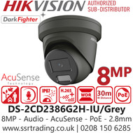 Hikvision 8MP (4K) turret network camera with built-in microphone for audio recording and AcuSense technology for human/vehicle classification and false alarm filtering features DarkFighter, H.265+, 120 dB WDR - DS-2CD2386G2H-IU/Grey (2.8mm)