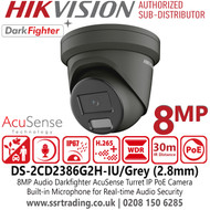 Hikvision DS-2CD2386G2H-IU/Grey 8MP (4K) turret network camera with built-in microphone for audio recording and AcuSense technology for human/vehicle classification and false alarm filtering features DarkFighter, H.265+, 120 dB WDR with 2.8mm Lens