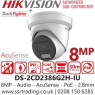 Hikvision 8MP/4K AcuSense DarkFighter Turret IP PoE Camera with 2.8mm Fixed Lens, Built-in Mic, IP67 Water and Dust Resistant, 30m IR Distance - DS-2CD2386G2H-IU (2.8mm)