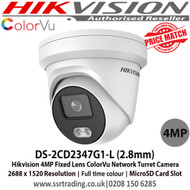 Hikvision Camera 4MP 2.8mm Fixed Lens 30m IR  IP67 Full time colour IP Network ColourVu Turret Camera - Built-in micro SD/SDHC/SDXC slot, up to 128G DS-2CD2347G1-L - 3rd