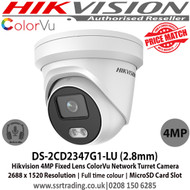 Hikvision CCTV Camera 4MP 2.8mm Fixed Lens 30m IR  IP66 Full time colour IP Network ColourVu Turret Camera - Built-in micro SD/SDHC/SDXC slot, up to 128G, Built-in mic - DS-2CD2347G1-LU  - 3rd