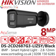 Hikvision 8MP Smart Hybrid Light Bullet IP Camera (2.8–12mm Varifocal Lens, Black) - DS-2CD2687G3-LIZSY