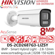 Hikvision 8MP Smart Hybrid Light Bullet IP Camera (2.8–12mm Varifocal Lens) - DS-2CD2687G3-LIZSY