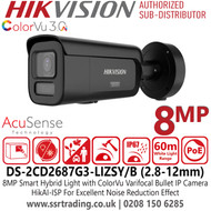 DS-2CD2687G3-LIZSY/Black Hikvision 8MP Smart Hybrid Light Bullet IP PoE Camera with ColorVu, Deep Learning Analytics, Motorized Varifocal Lens (2.8–12mm), IP67 Weatherproof, IK10, WDR, H.265+, Human/Vehicle Detection, Anti-Corrosion Design 