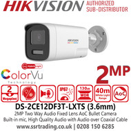 Hikvision 2MP ColorVu Bullet CCTV Analog Camera with Smart Dual Light, Built-in Mic, Two-Way Audio, IR & White Light Night Vision, IP67 Weatherproof, WDR, 3.6mm Lens – Best CCTV Camera for Commercial & Residential Use - DS-2CE12DF3T-LXTS