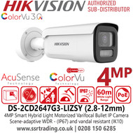 Hikvision DS-2CD2647G3-LIZSY 4MP Smart Hybrid Light IP PoE Bullet Camera – Motorized Varifocal Lens (2.8–12mm), ColorVu Full-Time Color Imaging, Deep Learning Human & Vehicle Detection, HikAI-ISP Noise Reduction, Scene-Adaptive WDR, Smart IR/White