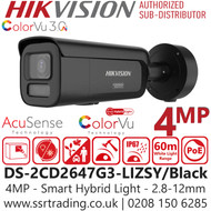 Hikvision 4MP Smart Hybrid Light IP PoE Bullet Camera - DS-2CD2647G3-LIZSY/Black (2.8-12mm)