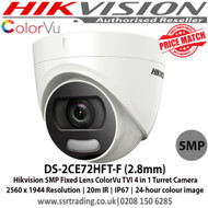 Hikvision Camera 5MP 2.8mm fixed lens 20m white light distance ColourVu full time colour IP67 130dB WDR TVI AHD Turret Camera - DS-2CE72HFT-F(2.8mm) - 2nd