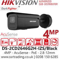Hikvision 4MP AcuSense Bullet IP PoE Camera with Motorized Varifocal Lens (2.8–12mm) - IP67 Weatherproof and IK10-rated Vandal Resistant Housing - DS-2CD2646G2H-IZS/Black