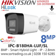 HiLook 8MP Smart Hybrid Light Bullet IP PoE Camera - IPC-B180HA-LUF/SL (2.8mm)