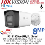 HiLook IPC-B180HA-LUF/SL 8MP Smart Hybrid Light Bullet IP PoE Camera with 4mm Fixed Lens